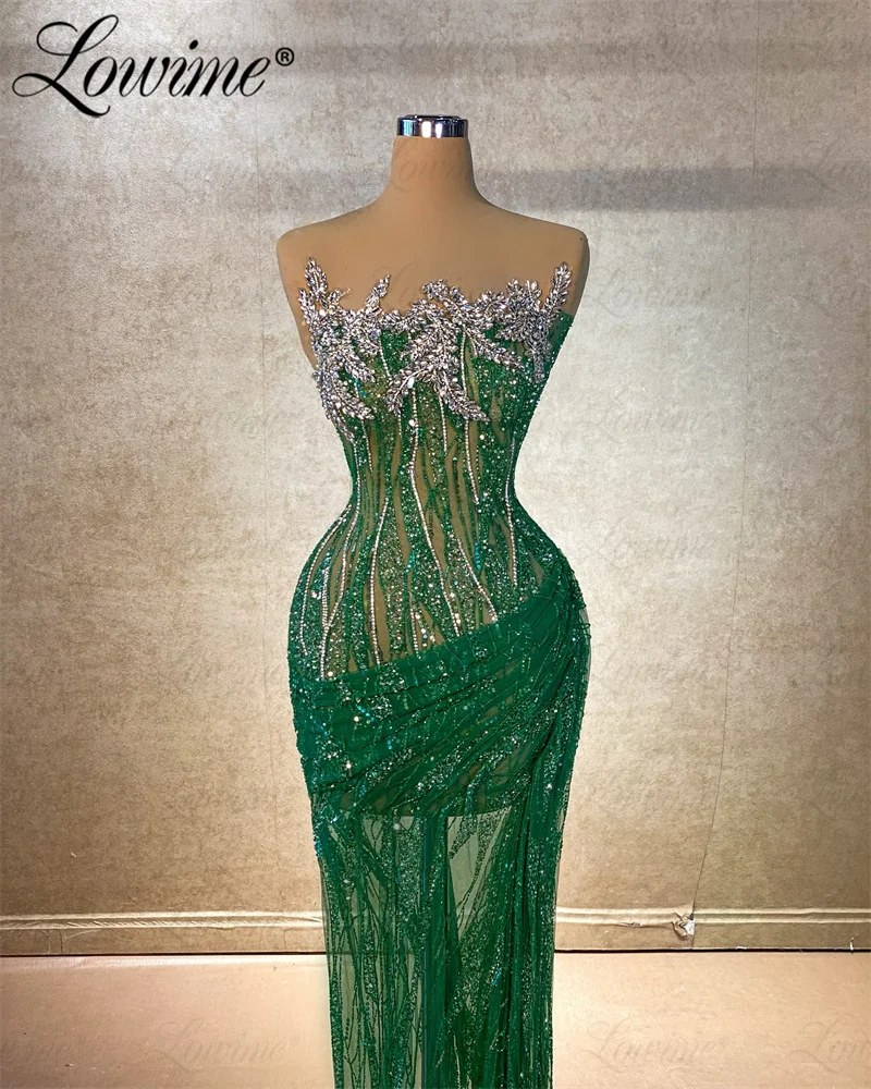 New Arrival See Through Beads Sequined Prom Dresses 2024 Green Mermaid Long Wedding Party Dress Robe Custom Made Silver Crystals