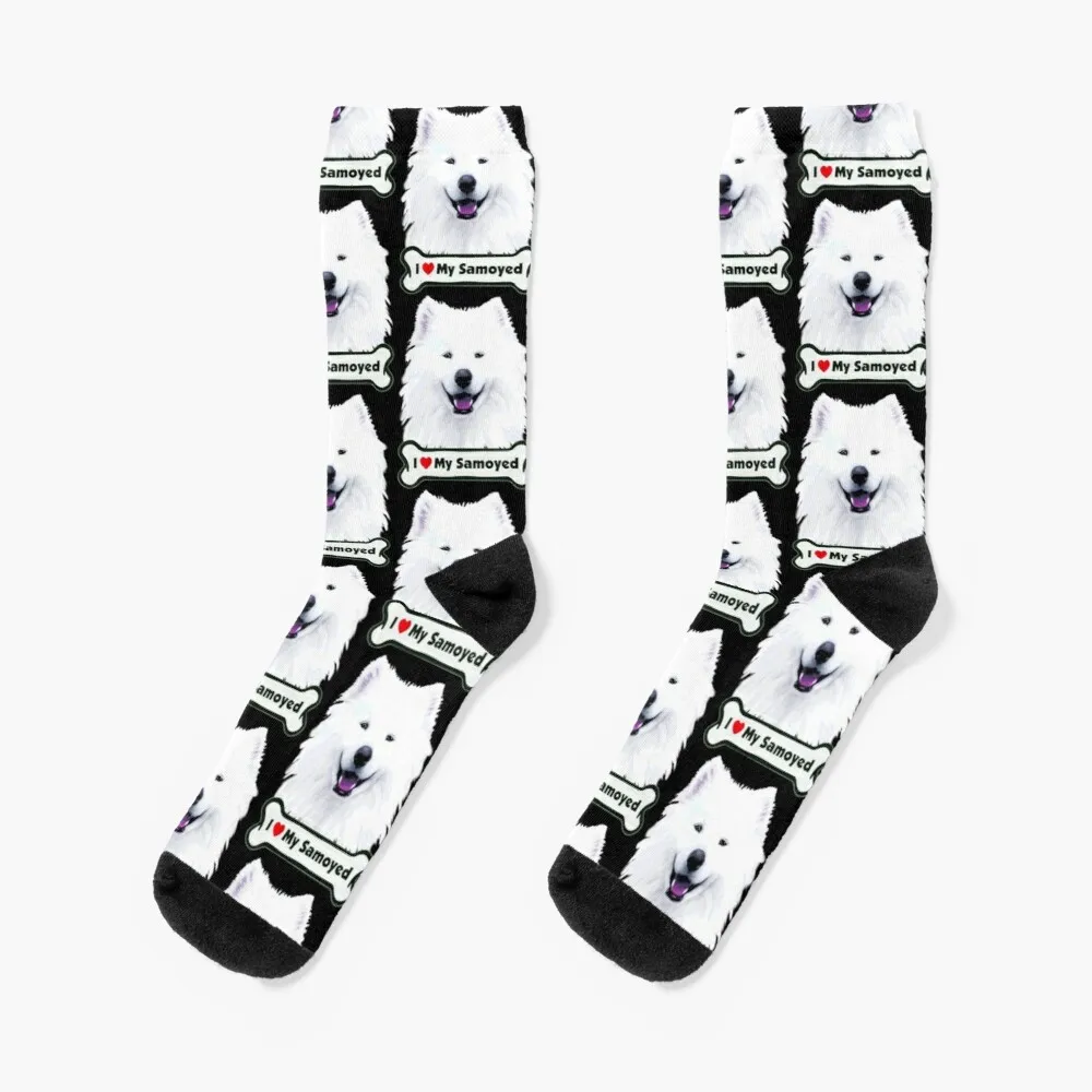 

Smiling White "I  My Samoyed" Bone Dog Face Painting Socks Mens Fashion