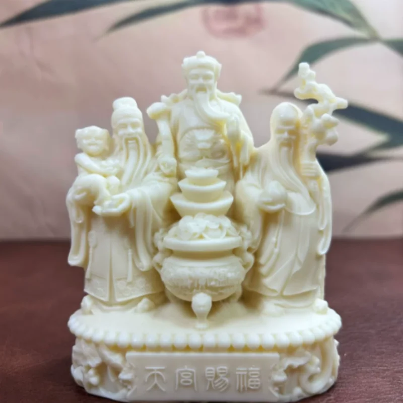 Tagua Nut Carved Fulushou Three Star Deity Statue - Wealth God Car Dashboard Ornament, Feng Shui Wealth Attraction Ornament