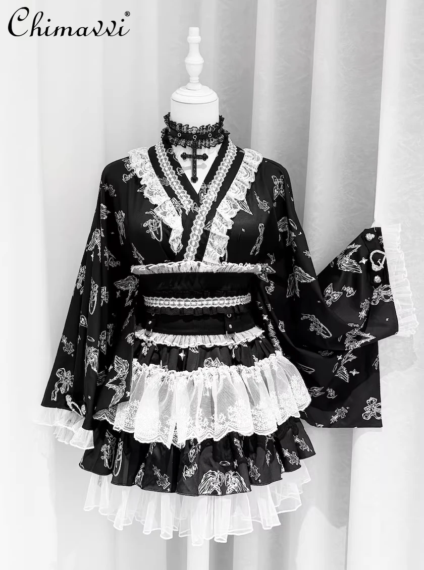 

Original Japanese Subculture Gothic Skirt and Top 2-piece Sets Mine Series Sweet Cool Girls Punk Lace Trim Yukata Clothes