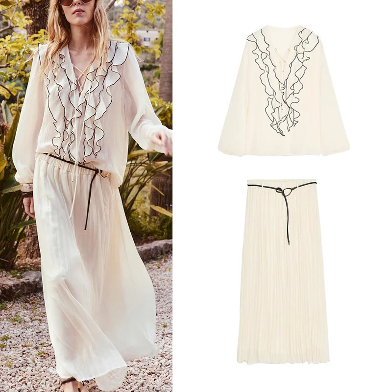 

Za Layered Decorative Semi-Transparent Long Sve V-Ne irt with Belted Midi Skirt Spring 2025 Faion Set Women's Clothing