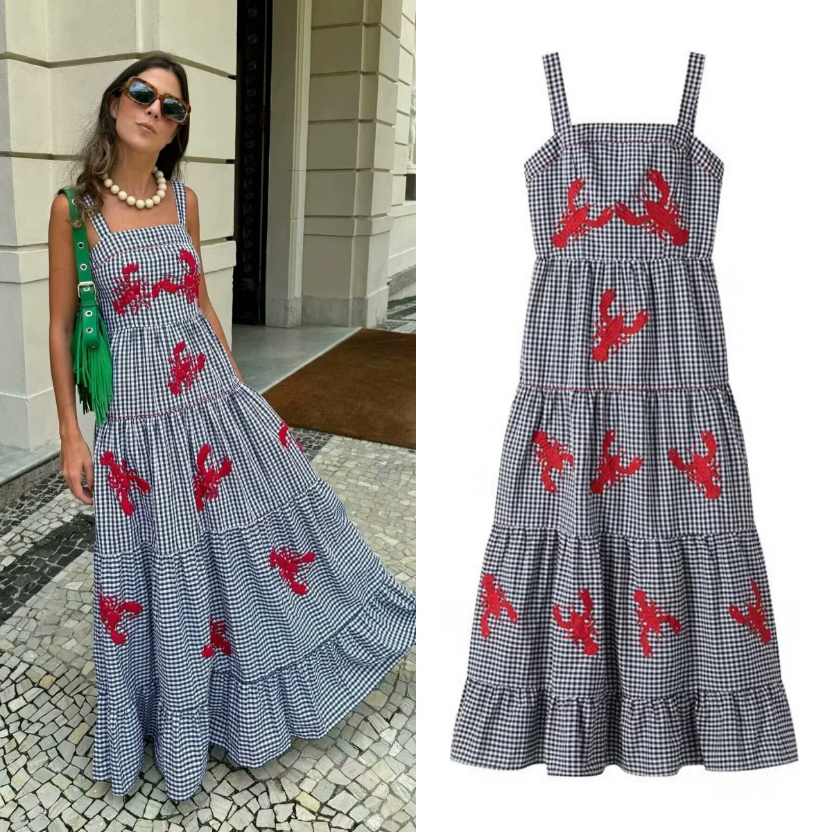 PB&ZA Women's Strappy Gingham Maxi Dress with Red Embroideries Tiered Design Stylish for Outdoor Events and Casual Days