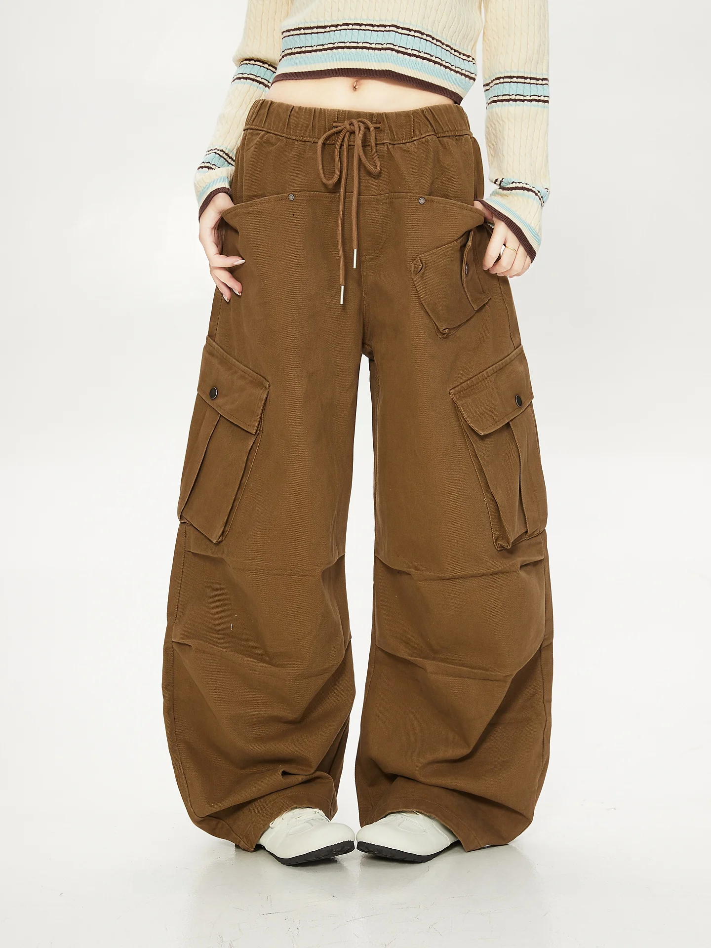 

American Retro Cool Street Style Women's Loose Wide Leg Cargo Pants Multi Pockets Elastic Waist Casual Cotton Trousers
