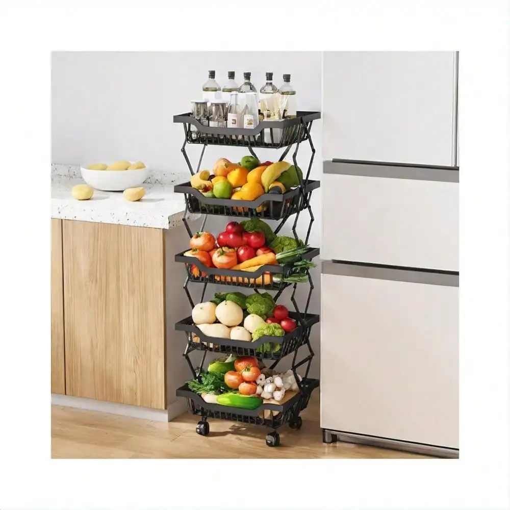 5-Tier Sturdy Fruit/Veg Storage Cart On Wheels - Foldable, Multi-Level, 360° Swivel, Easy Move