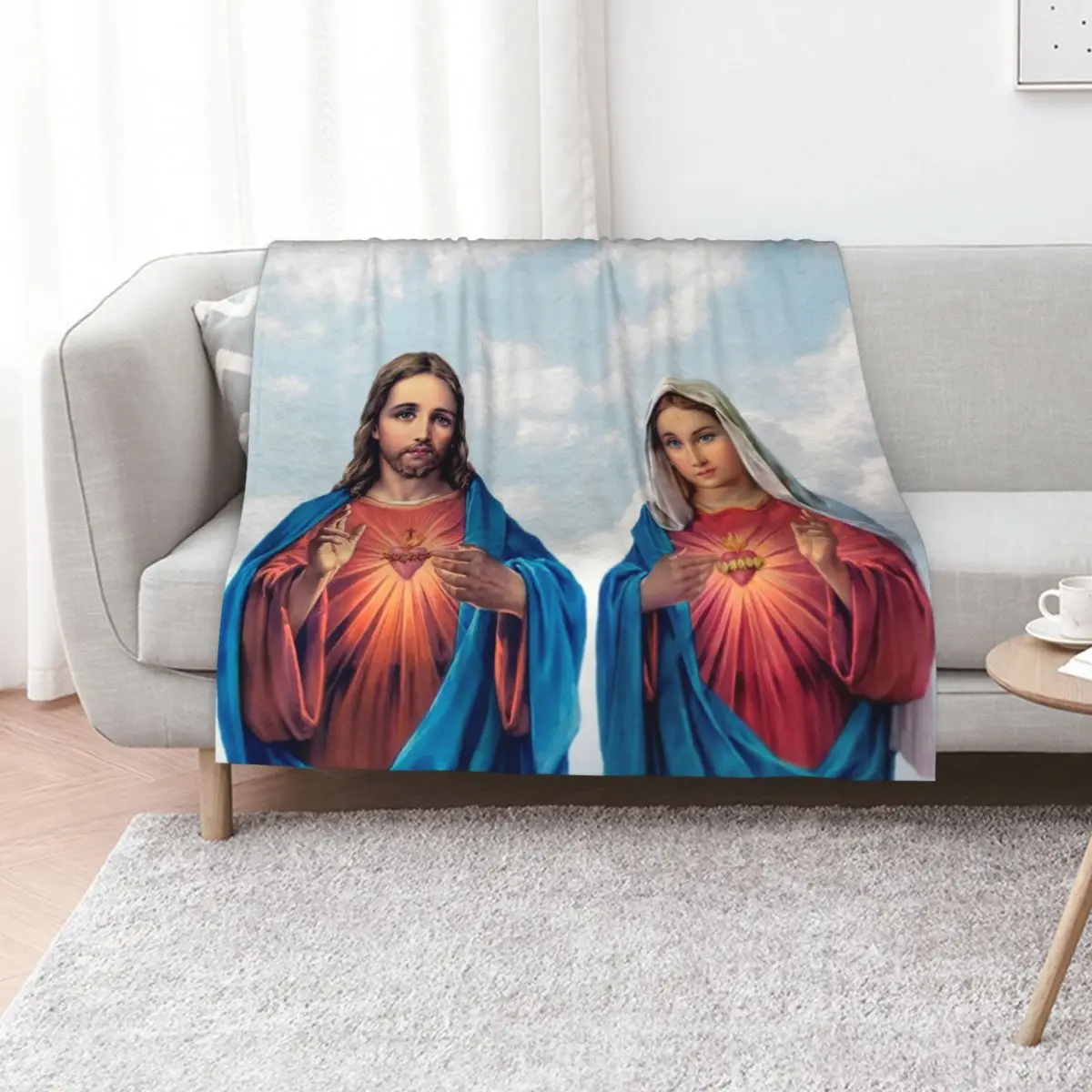 Sacred and Immaculate Hearts (Jesus and Mary) with sky background Throw Blanket Luxury Thicken Winter beds Hairys Blankets