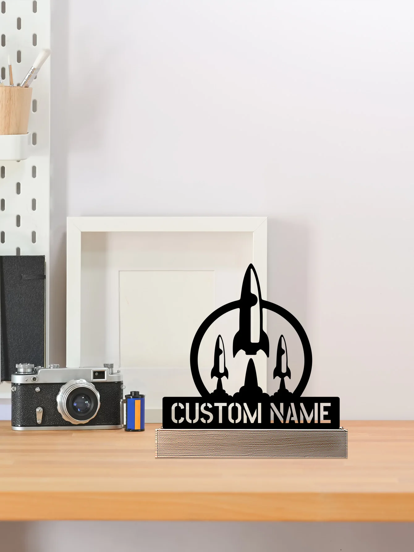 1pc Modern Rocket launch Custom Name Metal Statue Metal Ornament With Wood Base Iron Sculpture Handicraft With Wood Base