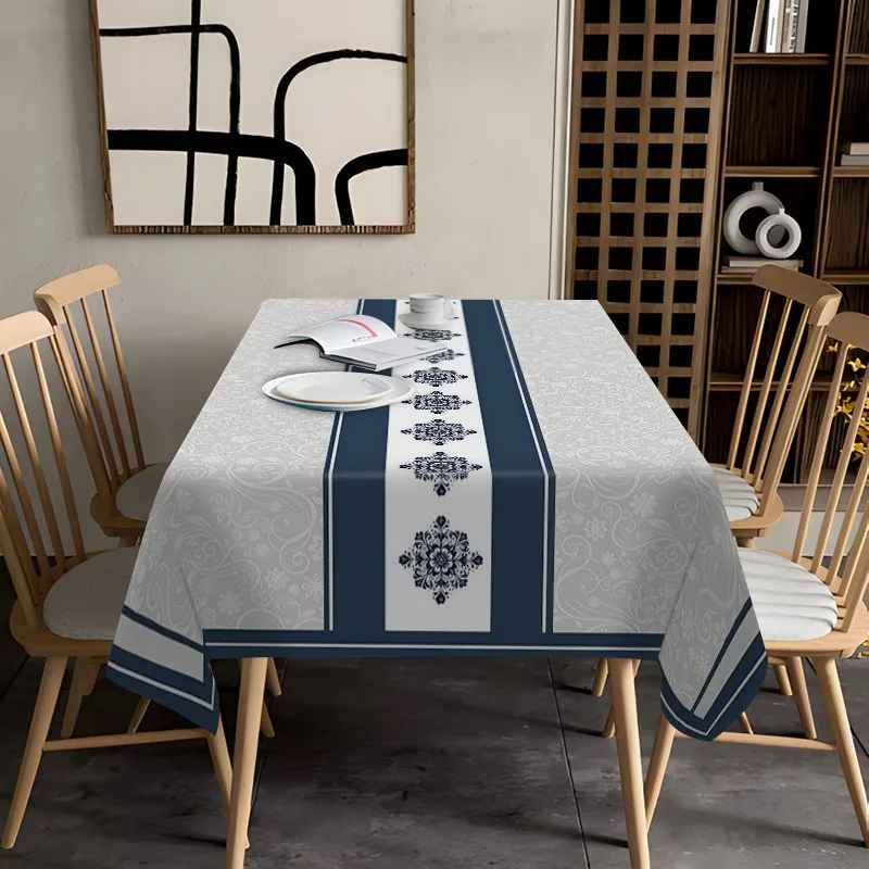 1pc Elegant Floral Pattern Tablecloth - Navy Blue and White Rectangle with Complex Design, Perfect for the Dining Tablezyc