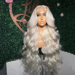 QW Body Wave platynowa blond syntetyczna peruki typu Lace front do włosów dla kobiet środkowa część wstępnie oskubane bezklejowe codzienne ubrania imprezowe peruki