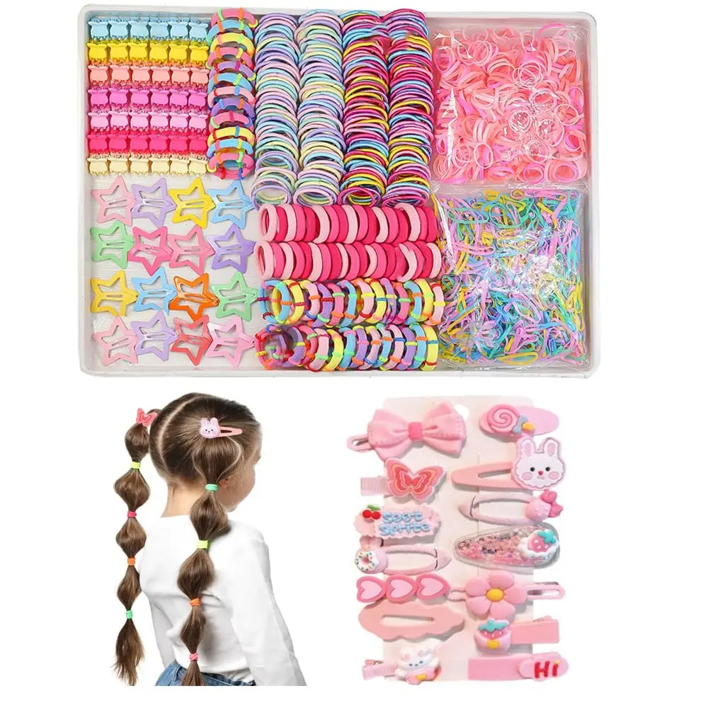 

Girls Hair Rubber Bands Set with Cute Hair Clips and Box for All Hairstyles