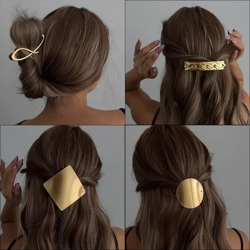 2025 New Elegant Gold Color Geometric Metal Hair Claw Vintage Hair Clip Headband Hairpin Trendy Women Girls Hair Accessories