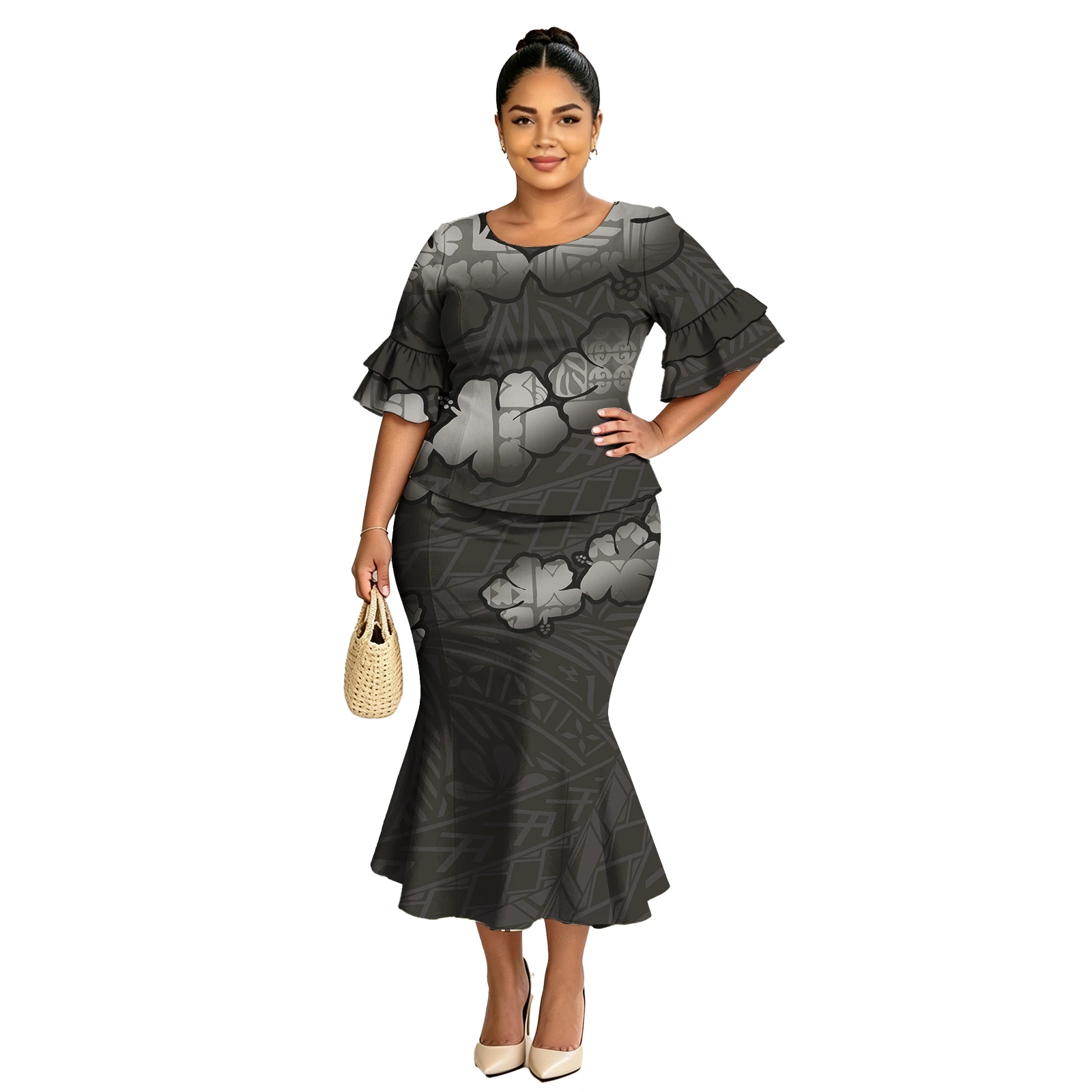 Party Prom Polynesian Classic Floral Print Ladies Clothes Samoan Puletasi Tribal Petal Sleeve Mermaid Skirts Puletasi for Women
