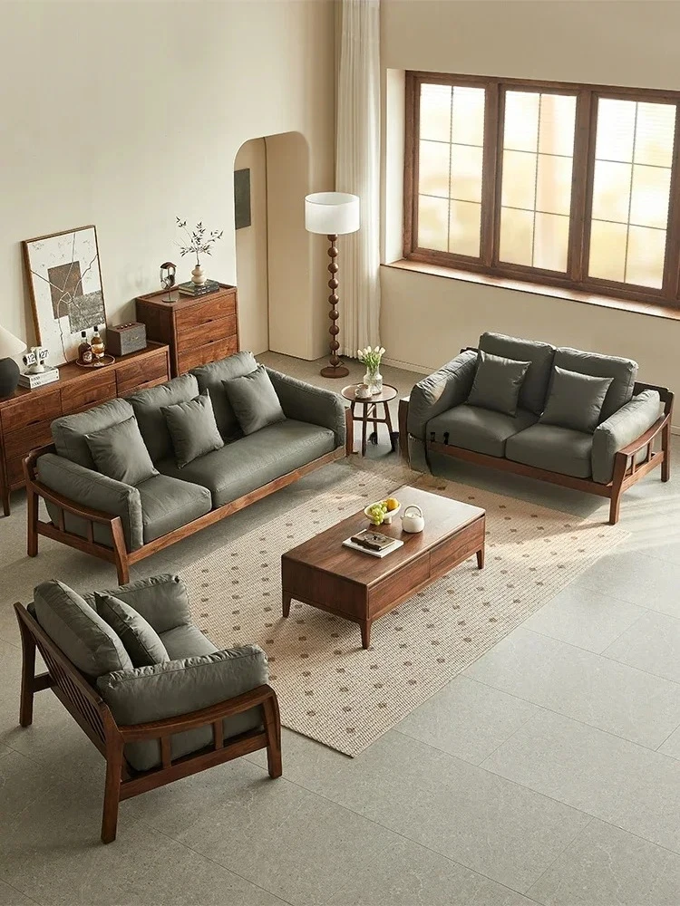 

North American black walnut sofa Nordic leather sofa combination living room full solid wood furniture2005