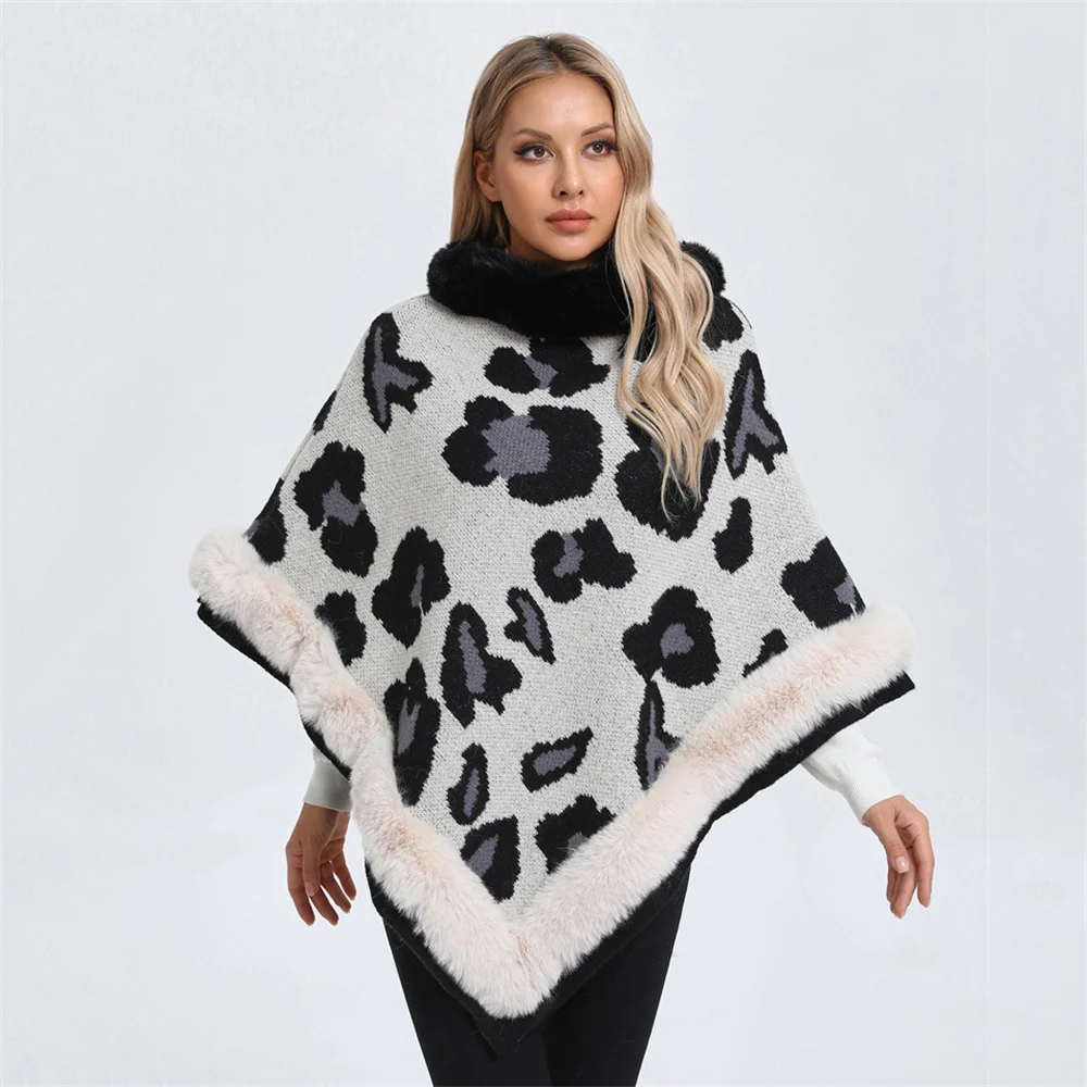 

4 Colors 2024 Women Autumn Leopard Pullover Faux Fur O Neck Loose Triangle Cape Winter Thick Warm Shawl Overcoat