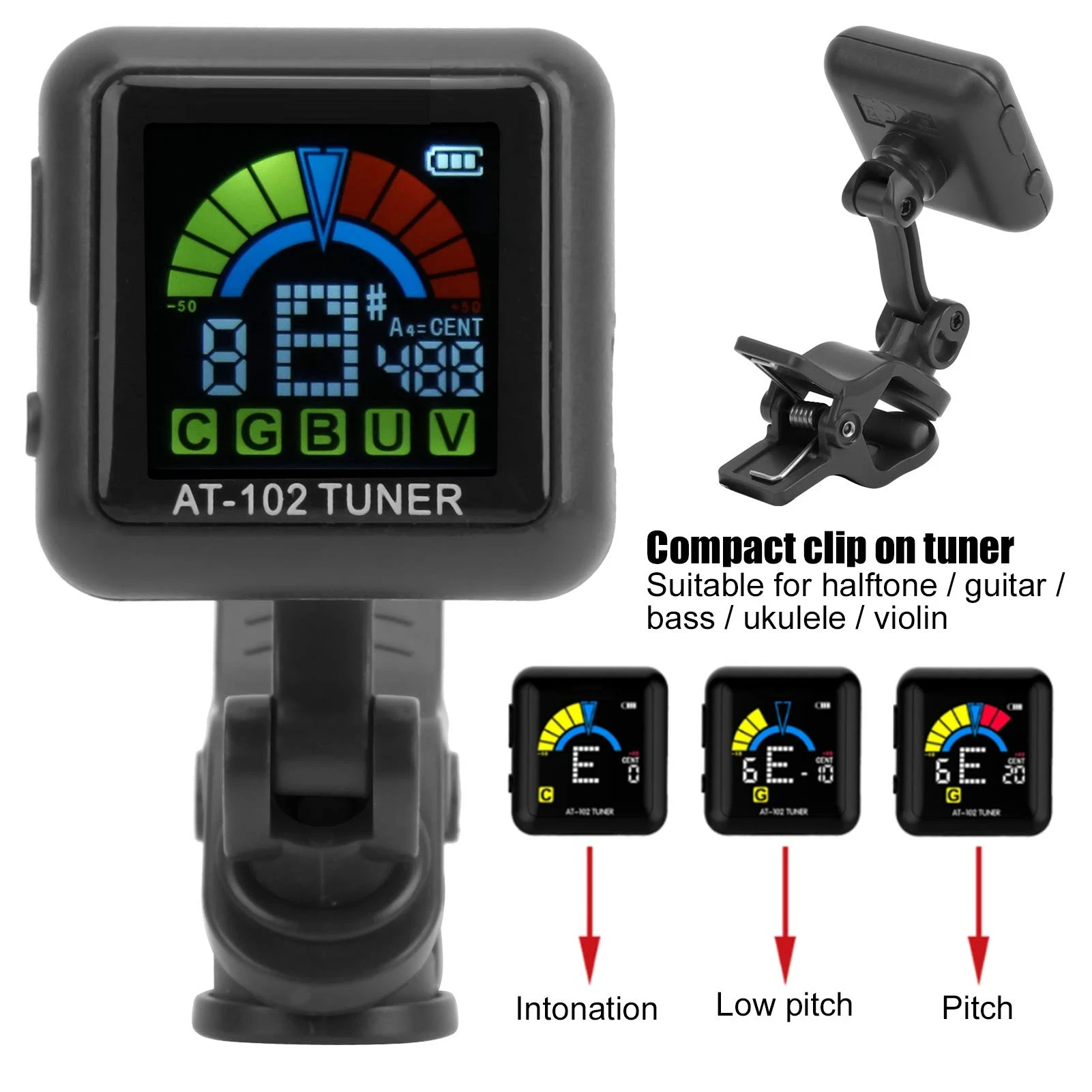 Aroma Guitar Tuner, Violin Tuner Guitar Clip‑on Tuner USB Rechargeable Built‑in Battery Violin Ukulele Tuner AT‑102 Black