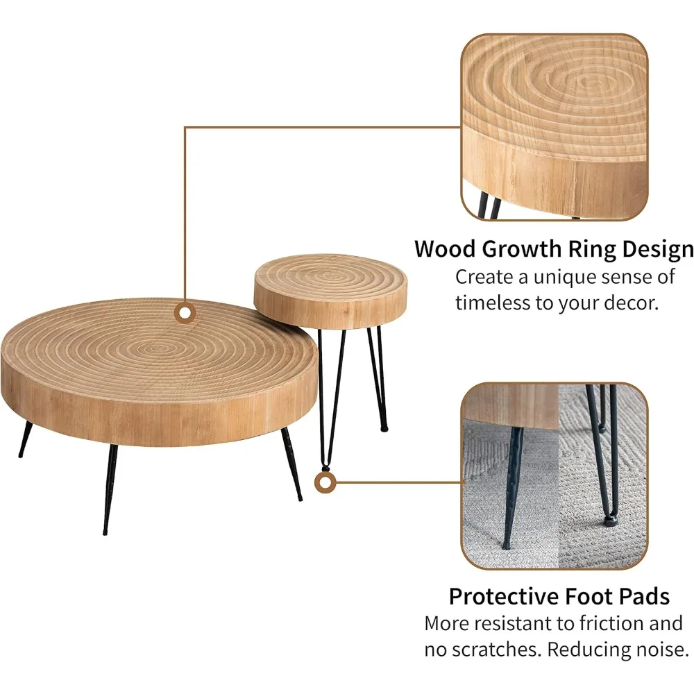 2-х предметный стол в стиле бохо для фермерского дома с деревянным кольцевым мотивом ручной работы, круглый журнальный столик с натуральной отделкой для гостиной R