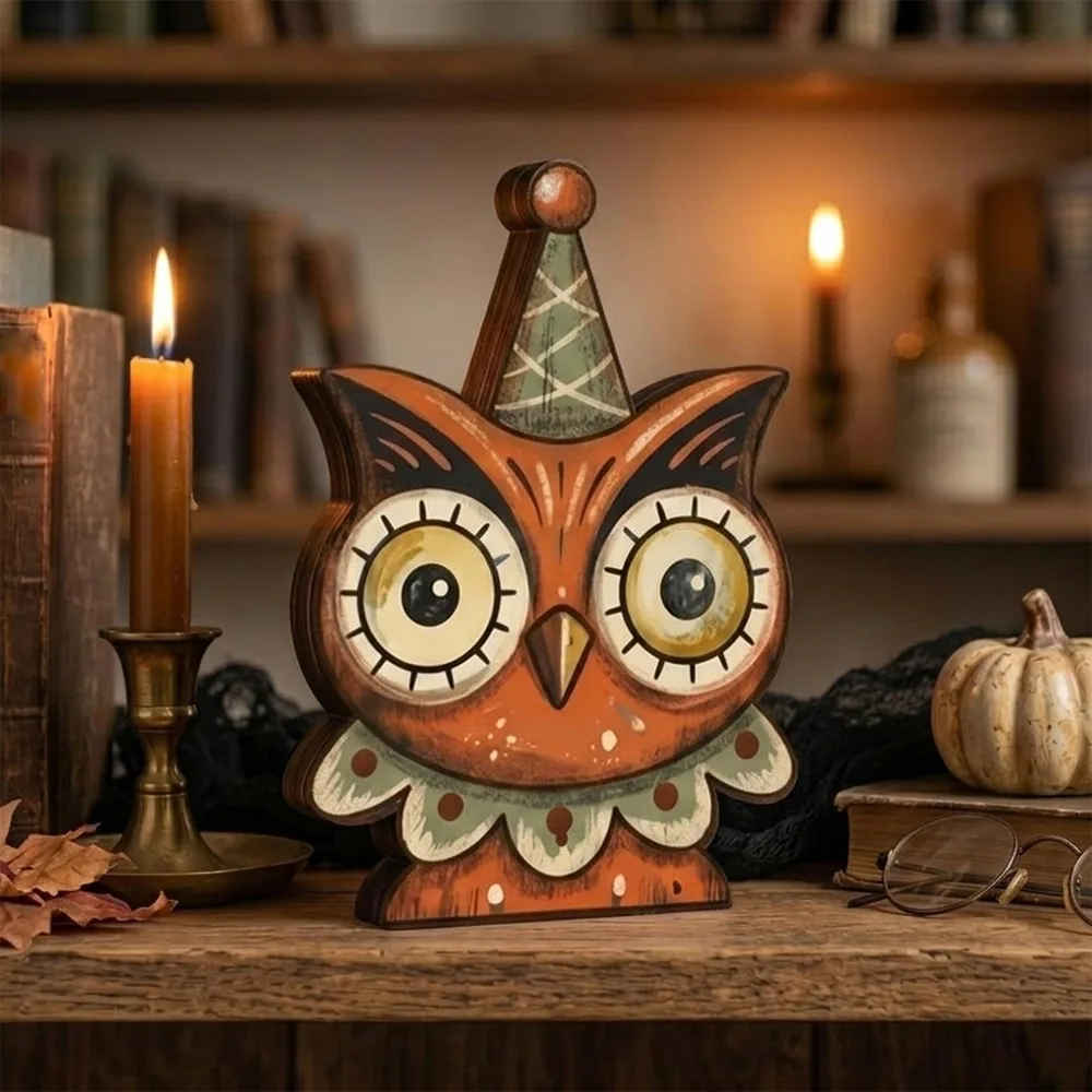 Cartoon Halloween Wooden Tabletop Sign Double Sided Pattern Farmhouse Style Vintage Bat Black Cat Figurines Integrated
