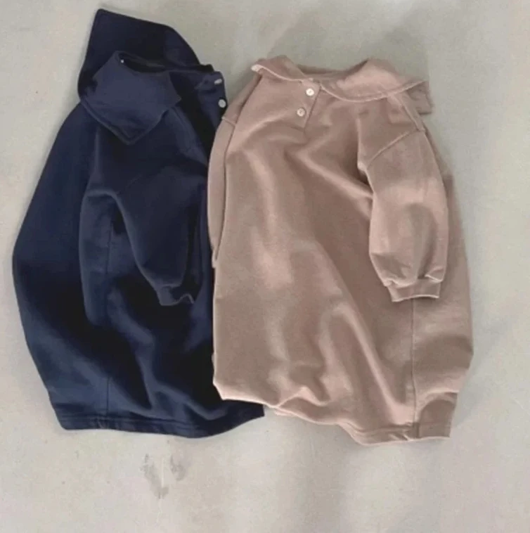 Girls Dress New Korean Children Clothing Autumn and Winter Stylish Casual Loose Preppy Style Lapel Collar Long Dress