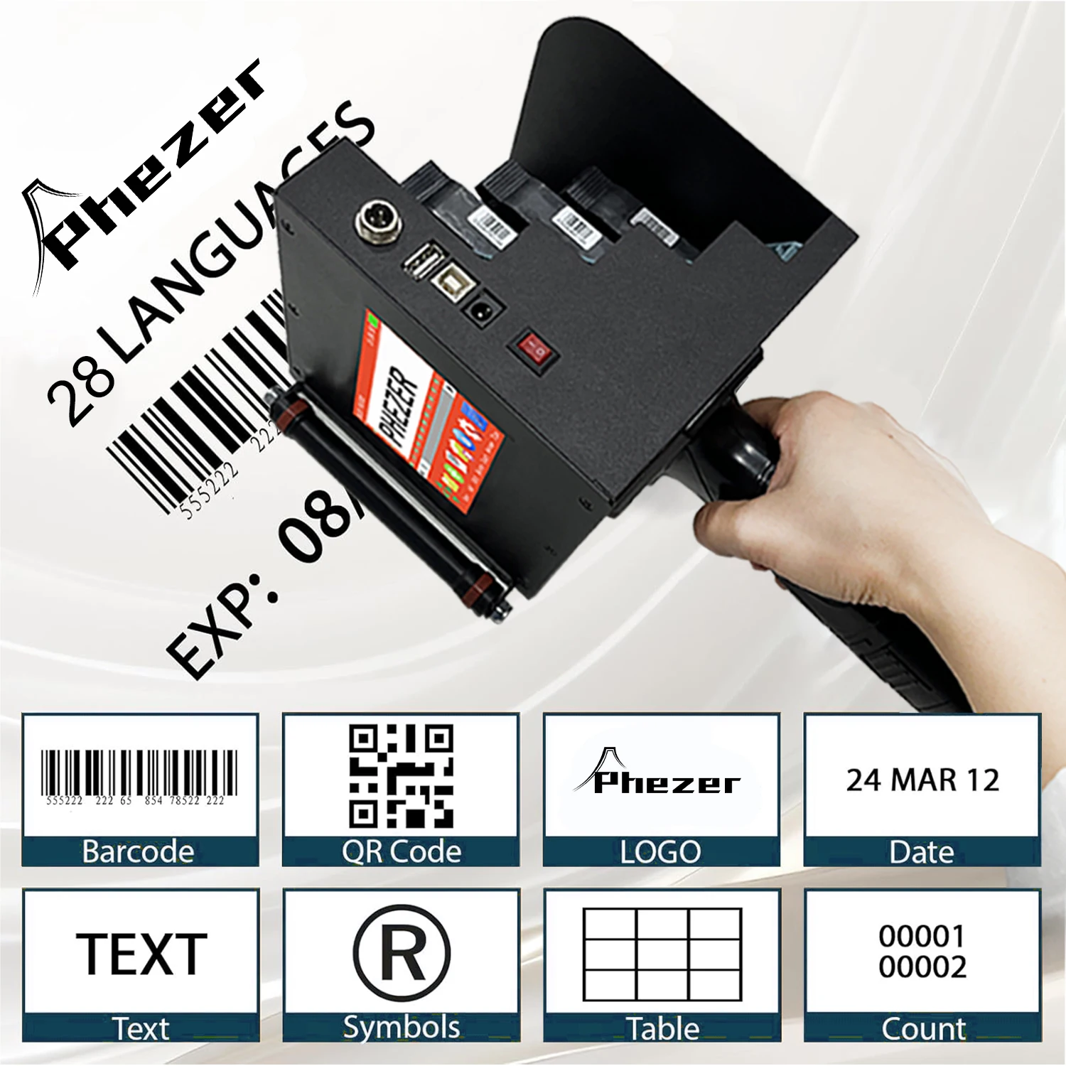 Phezer P70 100mm Portable Label Printer 28 Languages QR Bar Batch Code Date Number Logo Expiry Date Handheld Inkjet Printer