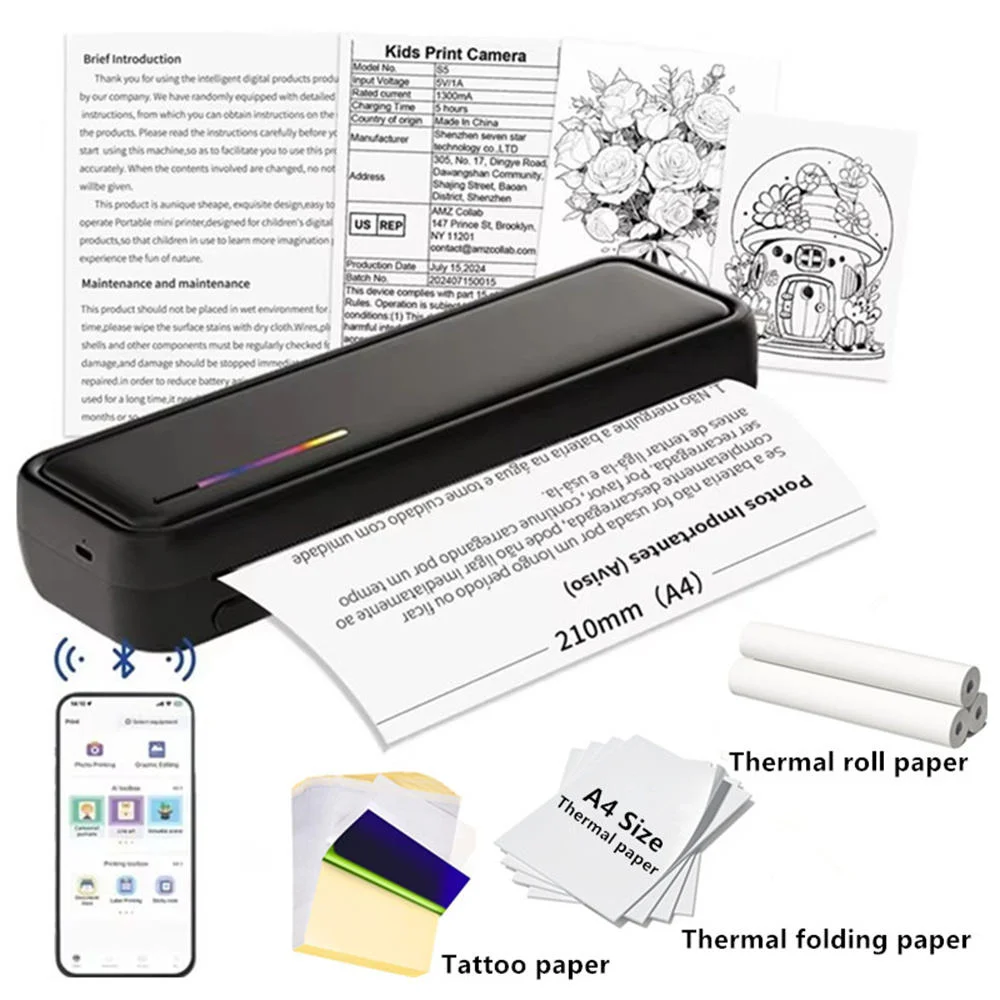Portable A4 Printer Wireless Small  200DPI Thermal Printers for Travel Inkless Support 5 Size Paper Mini Printers