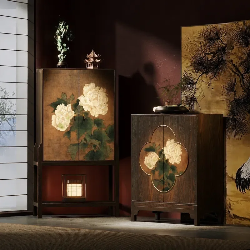 Song Dynasty Style Peony Solid Wood Bucket Cabinet Living Room Tea Room Storage Chinese Wall Vertical Cabinet