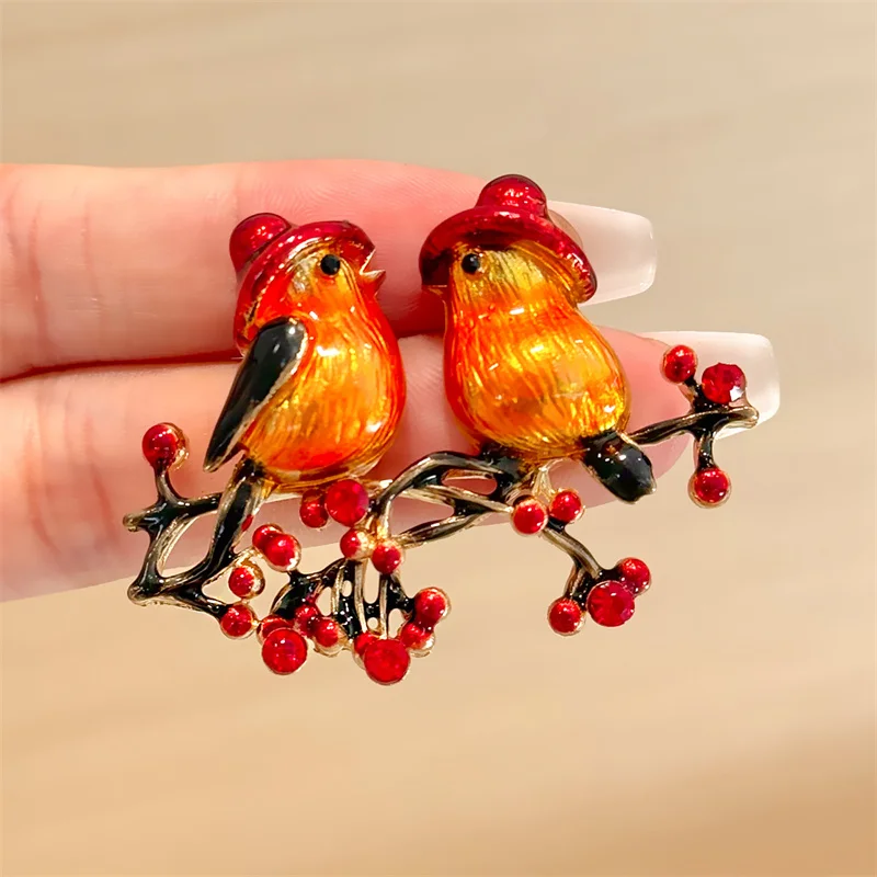 Fashion Enamel Two Brids On The Branch Brooches For Women Clothing Jewelry Accessories Gift