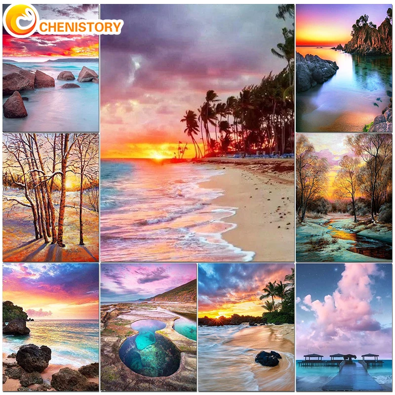 

CHENISTORY DIY 5D Diamond Painting Scenery Sunset Forest Rhinestone Picture Full Square/round Diamond Embroidery Home Wall Decor