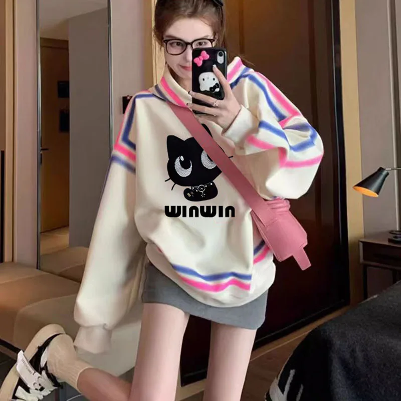 Girl's Loose Hoodie Korean Style Thin Cat Print Color Graffiti Sweater Long Sleeve Cute Mid-length Top Cartoon Pattern Digital