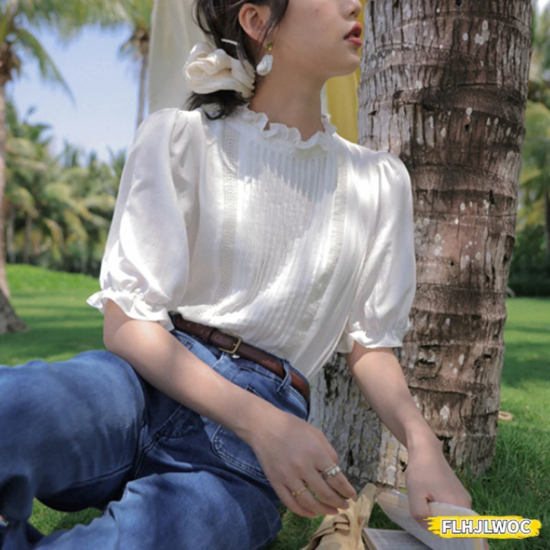 Retro Vintage Cotton Blends Tops Blouses New Design 2024 Summer Woman Cute Japan Girls Ruffles White Hollow Out Lace Shirts