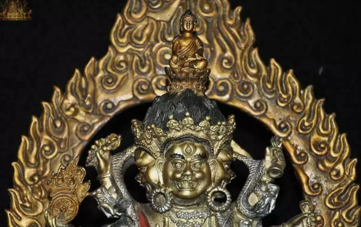 Tibet Buddhism bronze Gilt Painted Tantra Mahakala Wrathful Deity Buddha Statue