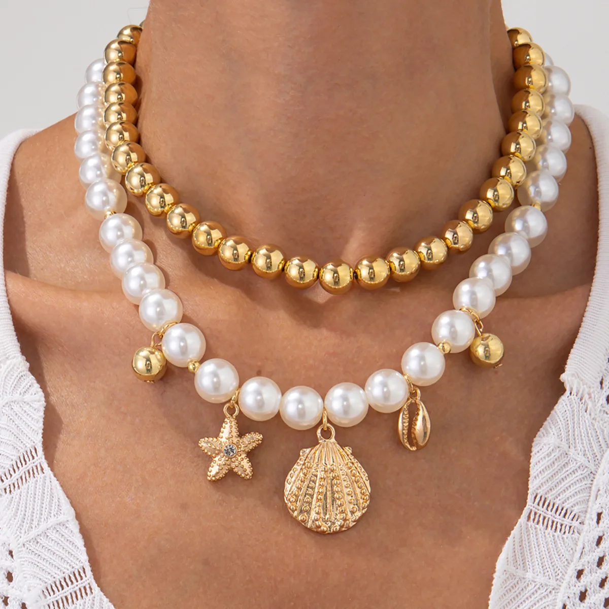 Necklace Starfish Scallop Faux Pearl Beaded Pendant Sturdy Adjustable Gold Chain for Women Beach Vacation Daily Elegant