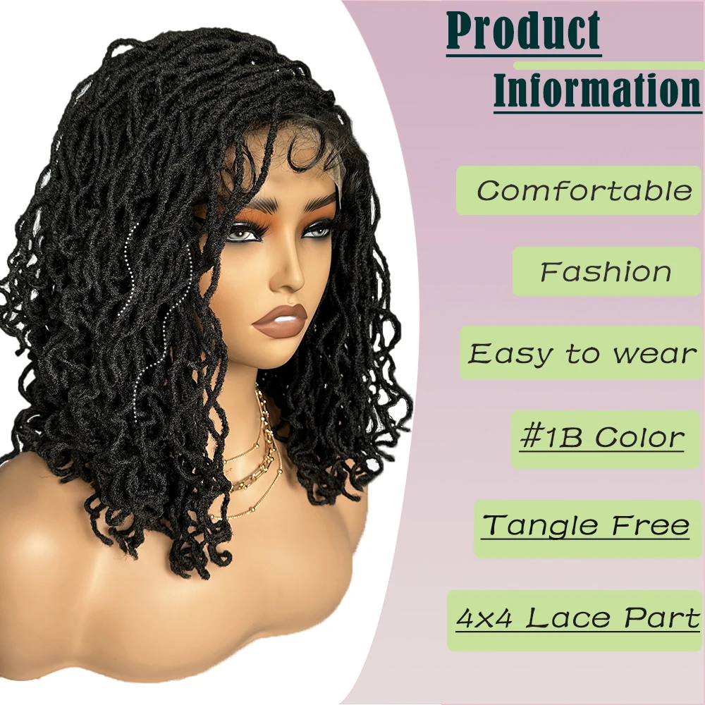 Synthetic 4x4 Lace Front Braid Wig 14inch Curly Faux Locs Dark Burgundy Large Parting Space Twist Dreadlock Wigs for Black Women