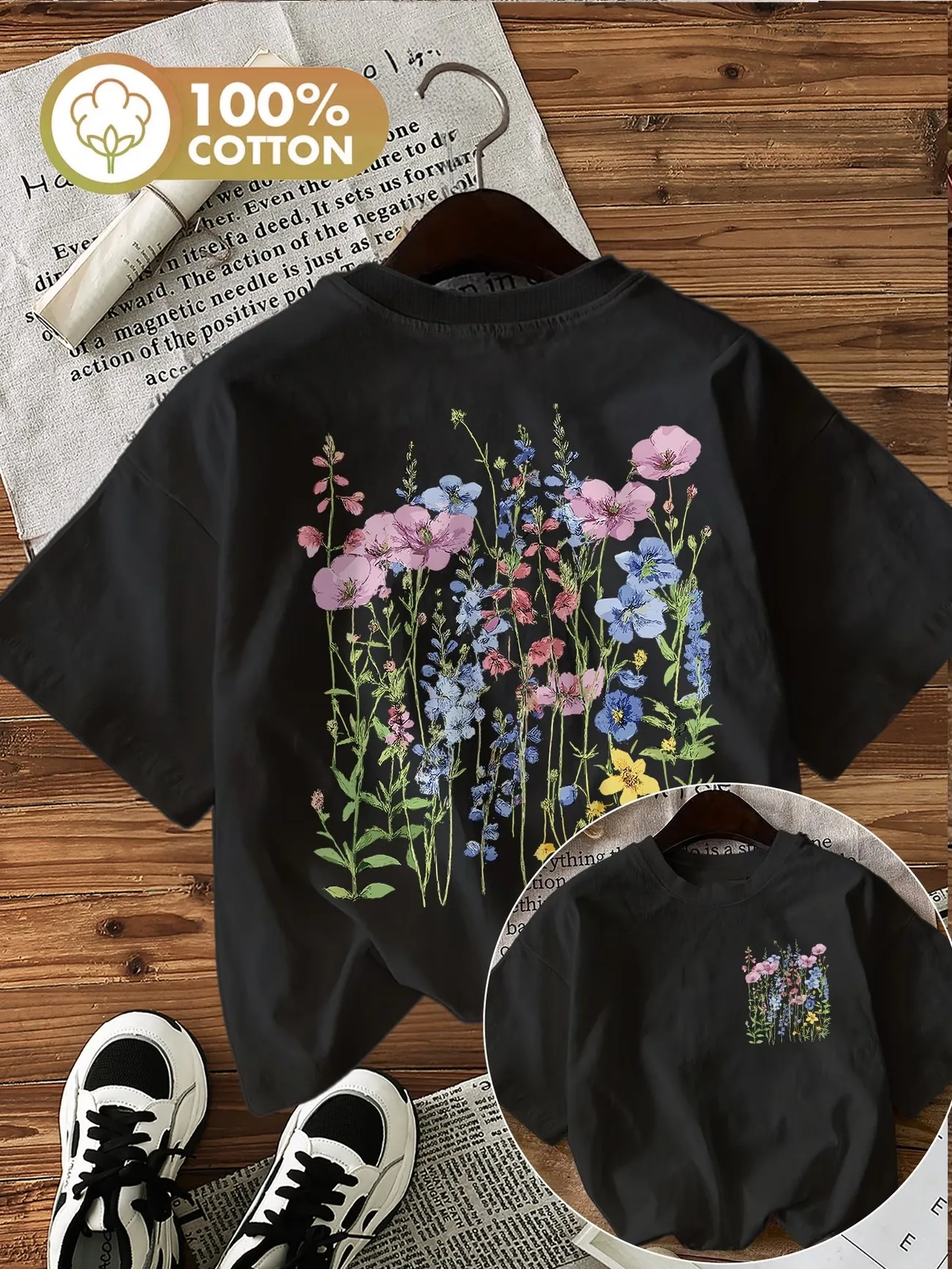 Женская футболка Graphic Chic Flower из 100% хлопка с ретро-цветочным принтом, мягкая, с круглым вырезом, коротким рукавом, винтажный топ с цветочным дизайном