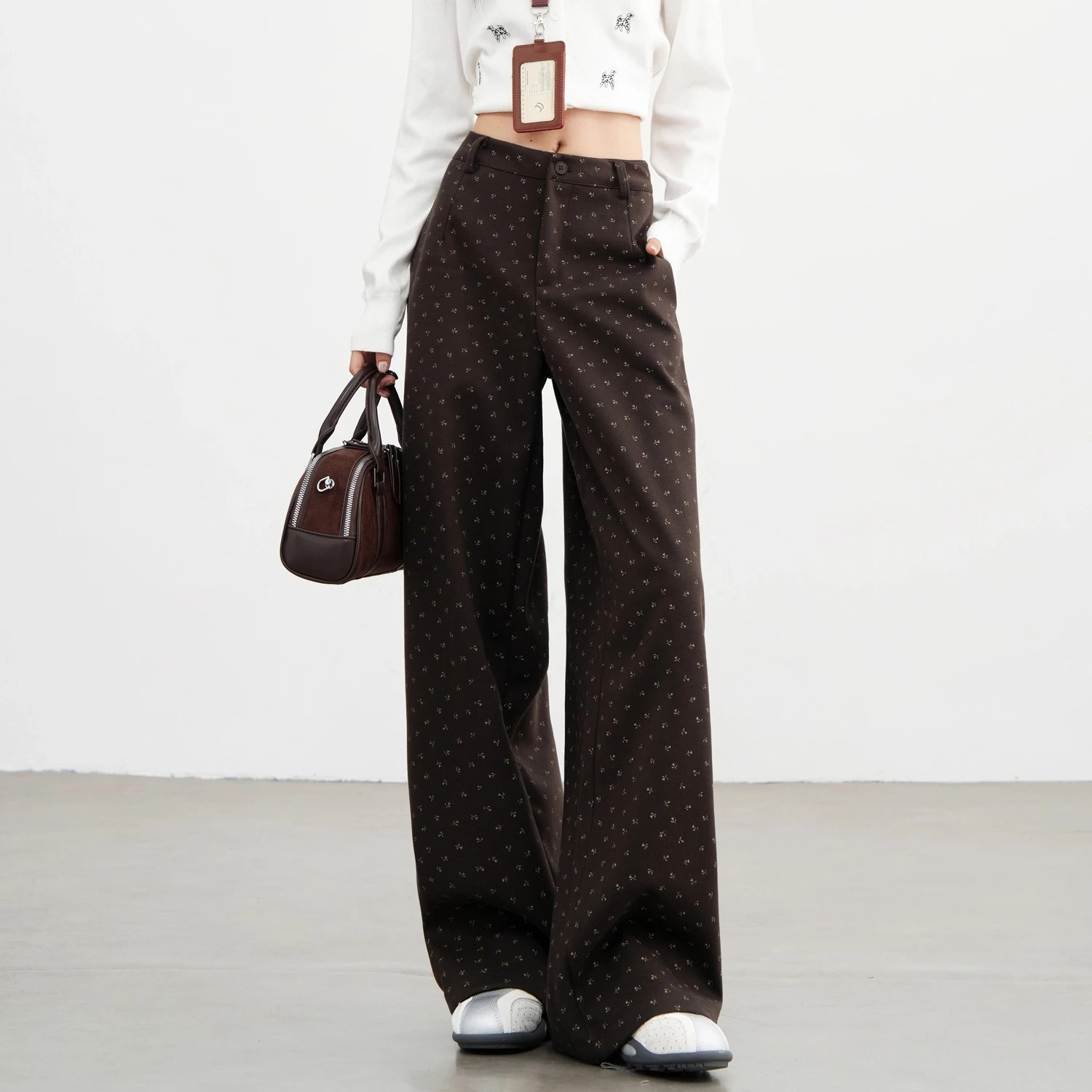 Autumn Winter Floral and Frosted Elegant Wide Leg Pants Women Korean Style High Waist Baggy Pants Office Ladies Loose Trousers