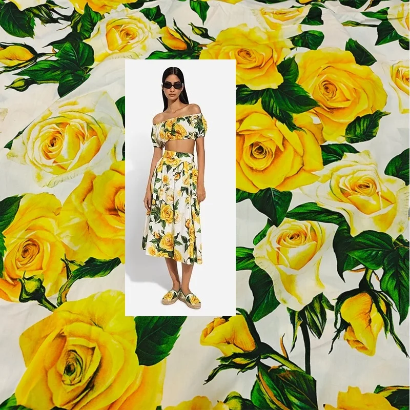 Luxury Pure Cotton Chiffon DIY Fabric High Quality for Clothing Yellow Big Flower Fashion Dress Fabrics Spring and Summer