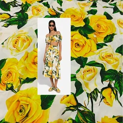 Luxury Pure Cotton Chiffon DIY Fabric High Quality for Clothing Yellow Big Flower Fashion Dress Fabrics Spring and Summer