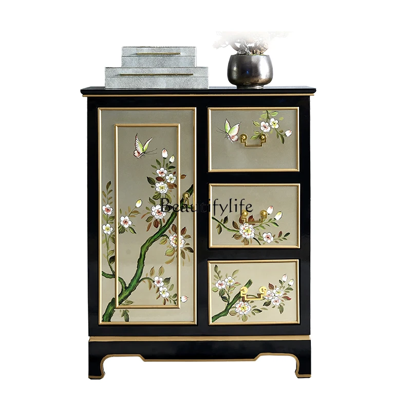 

New Chinese light luxury dining side cabinet silver foil painted solid wood entrance cabinet simple and modern