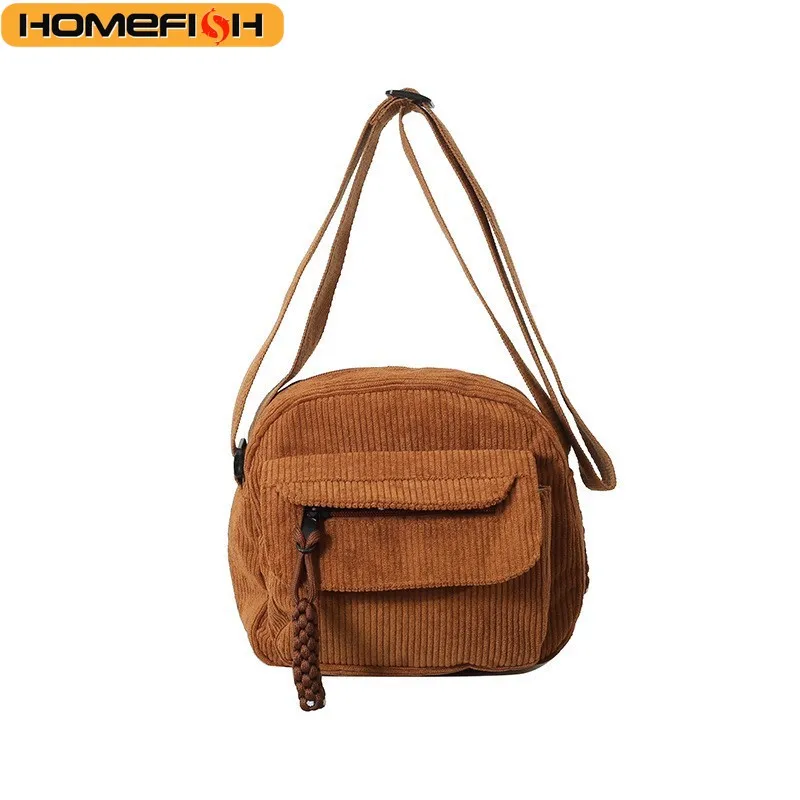 HOMEFISH Corduroy Crossbody Bag for Women Casual Style Zipper Closure Adjustable Strap Multi Pockets Polyester Lining Beige