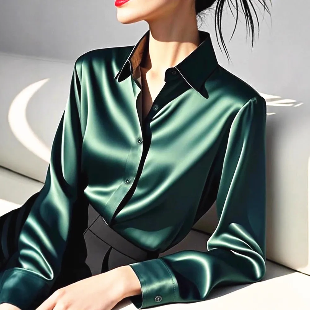 

Spring High Acetate Satin Full Long Sleeve Blouse Women Fashion Chic Shirt Button Top Tops Shirts Blouse