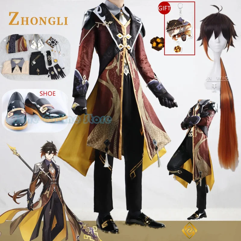 Genshin Zhongli Cosplay Clothes Wig Hair Genshin Impact Liyue Morax Zhong Li Cosplay Outfits ClothessSuit