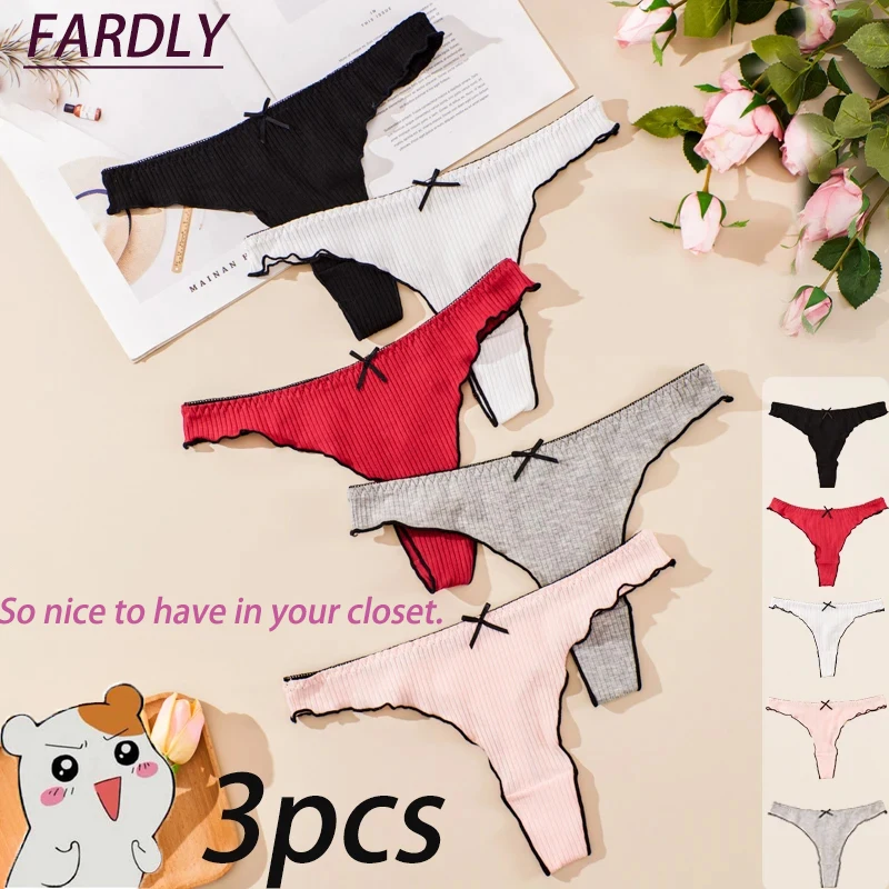 3 Pieces Women\'s Sexy Thong Bow Beautiful Compact Cute Comfortable Youth Multicolor Panties Summer Explosion Black Side Cotton