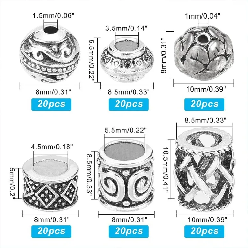 120Pcs 6Styles Tibetan Style Alloy Beads Column/Lotus Flower/Round/Rondelle Large Hole Beads Antique Silver European Beads