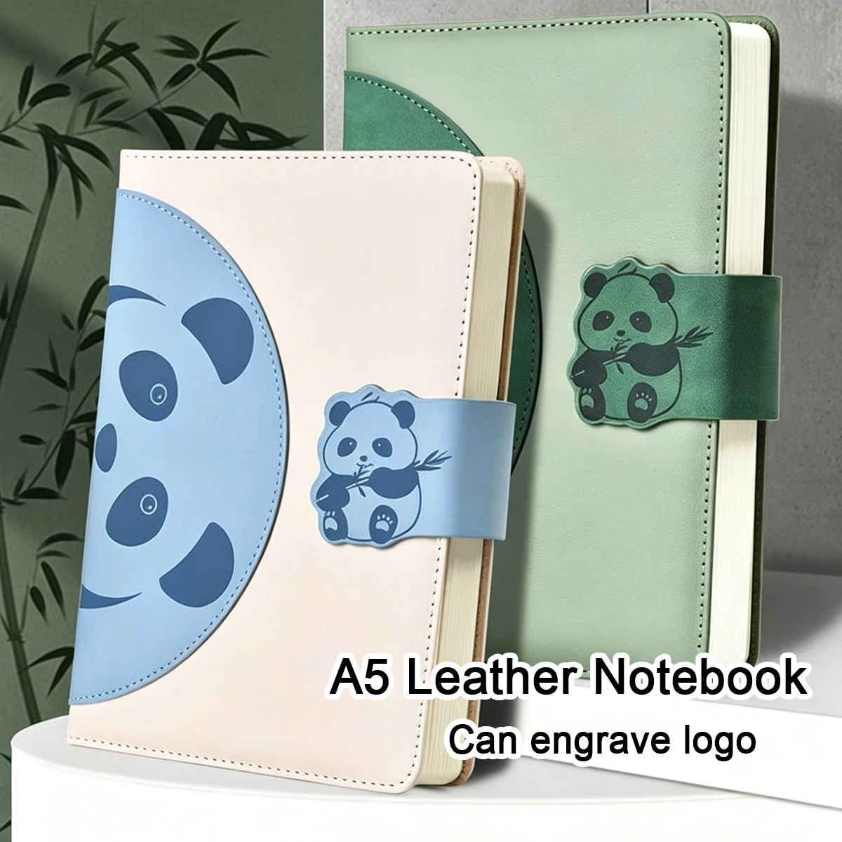 (Can Engrave Logo) A5 Buckle Student Leather Notebook, Panda Element Business Notepad,  Work Meeting Recordbook, Travel Diary
