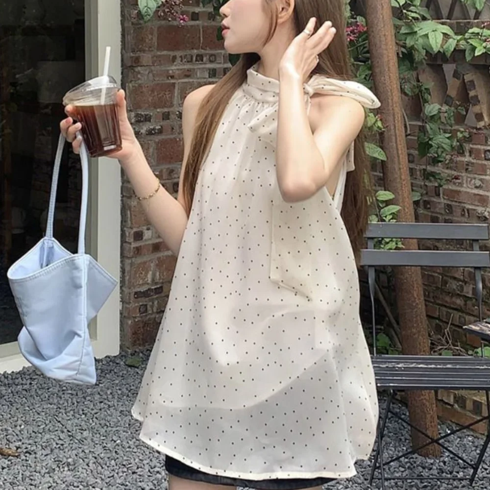 

Stylish Y2k Sleeveless Crop Top Loose Chic Dot Lace Up Vest Top Korean Style Sweet Women Camisole Summer