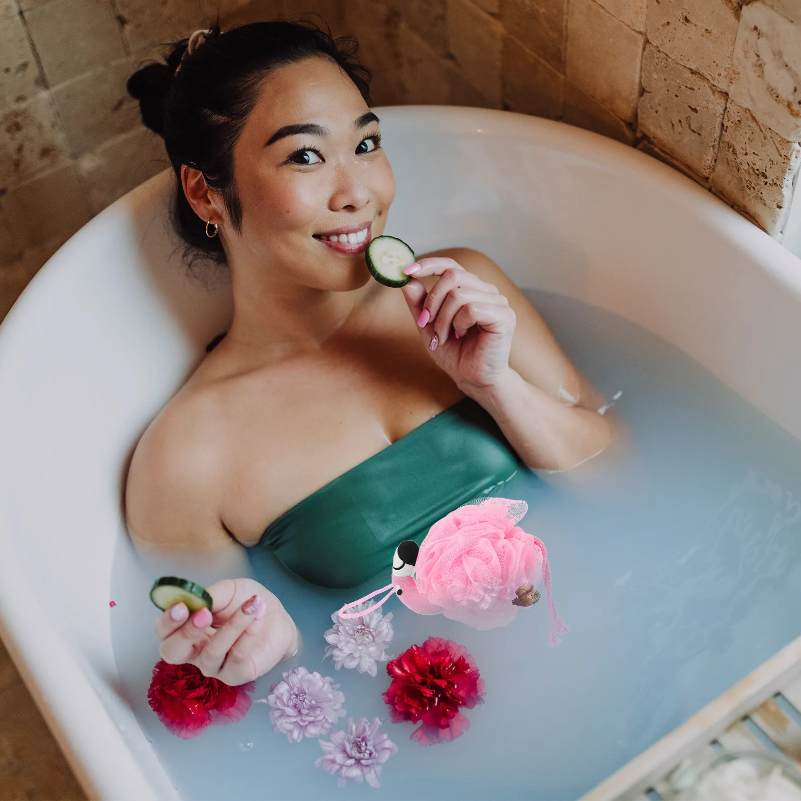 

Pink Flamingo Shaped Bath Ball Mesh Pouf Sponge for Rich Lather Exfoliating Skin Cleansing Soothing Daily Shower Travel Use