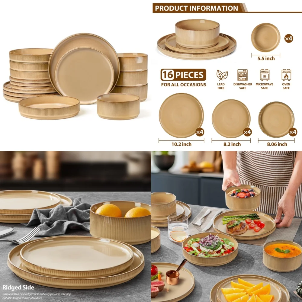 

Набор керамической посуды Набор керамической посуды из 16 предметов с двойными мисками идеально подходит для современной столовой