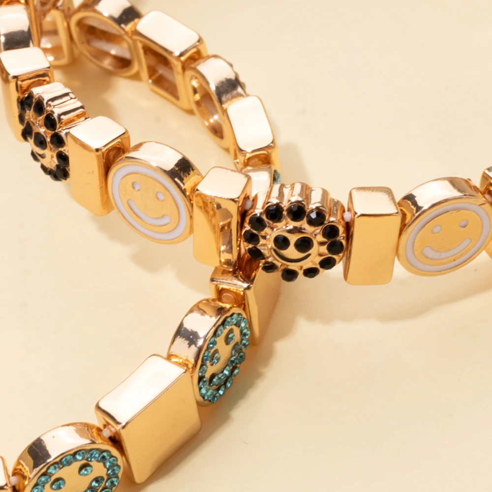 2024 New Fashion Gold Color Enamel Bracelets For Women Happy Face Heart Charm Beaded Hand Accessory