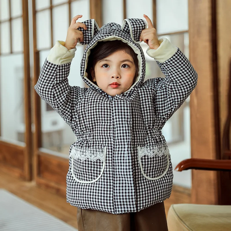 

Winter Cute Girls White Duck Down Coats 2022 New Hooded Velvet Plaid Outerwear Korean Style Warm Toddler Children Jackets