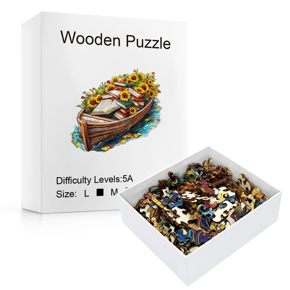 Sunflower Book Boat Wooden Puzzle, Animal Cutouts, Nautical Floral Art, Home Wall Decor, Holiday Gift