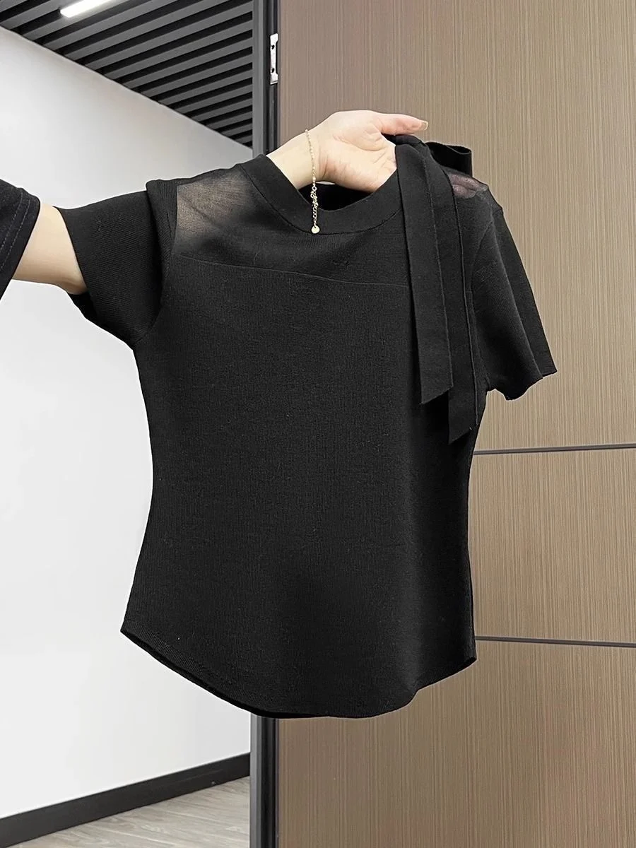 Elegant round Neck Short Sleeve Lace Mesh Base Shirt Women's Slimming Top Fashionable Summer New Style Commute Korean Style
