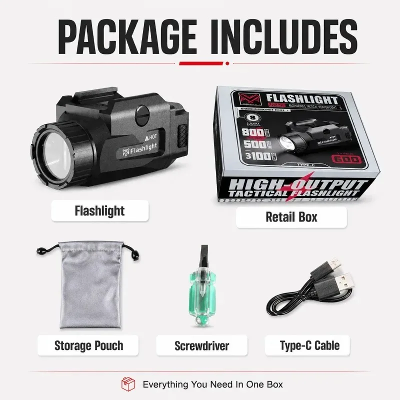 Portable Multi‑function Under‑mount Flashlight 800LM Red Indicator, Decorative Part Compatible with 20mm Rail